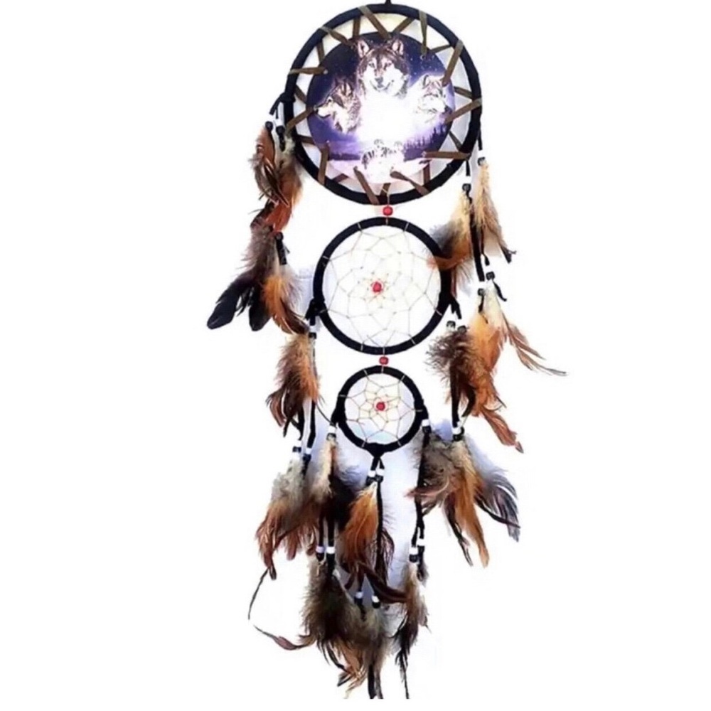 Brown Feather Wolf Dreamcatcher Wall Hanging